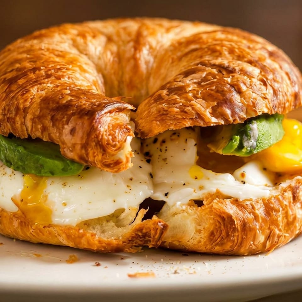 Golden croissant breakfast sandwich with fried eggs, melted cheese, avocado, and pepper on a white plate.