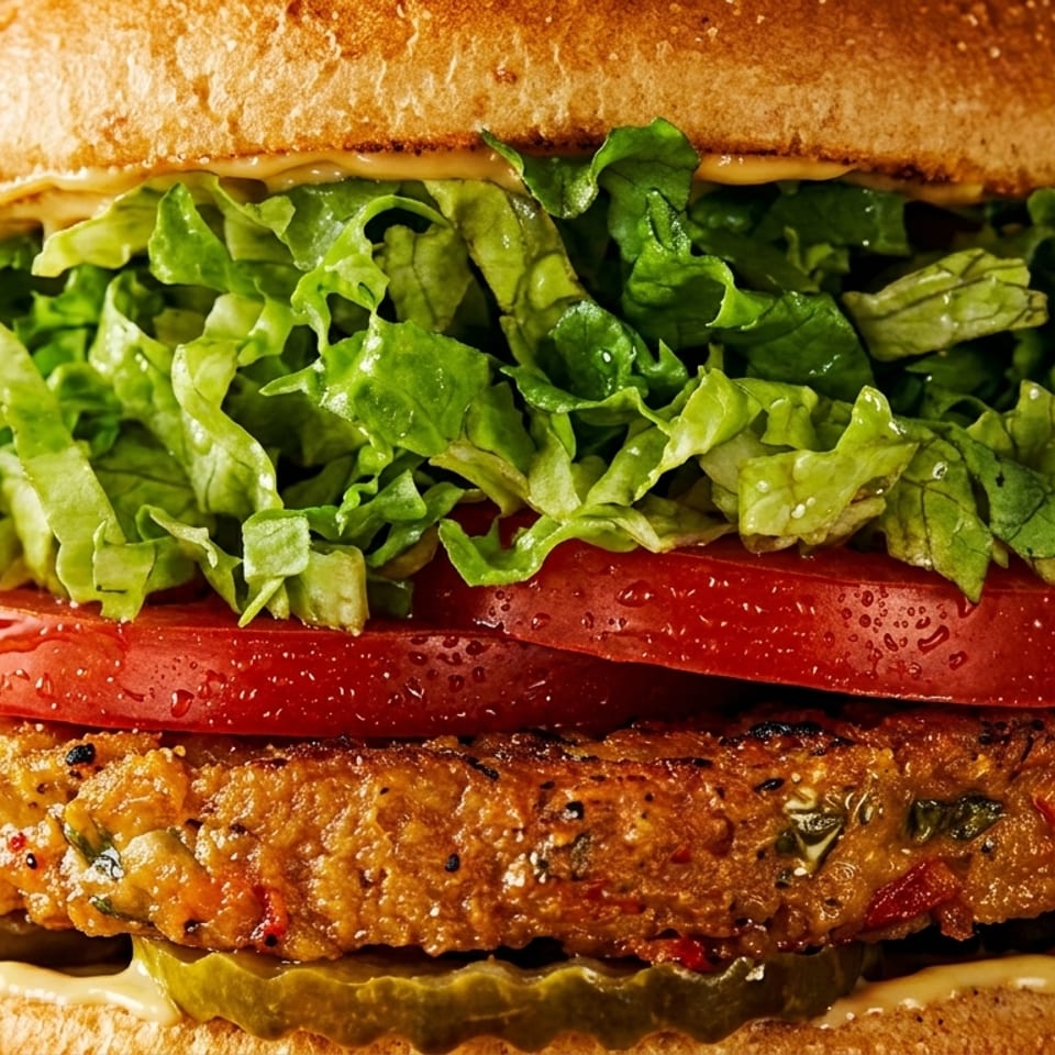 Close-up of a veggie burger with a golden patty, lettuce, tomato, pickles, sauce, and toasted bun.