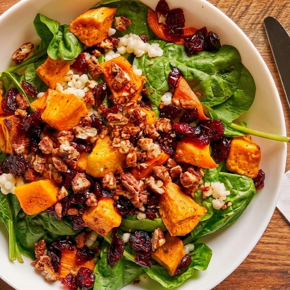 Spinach salad topped with roasted sweet potatoes, cranberries, pecans, and couscous on a white plate beside silverware.