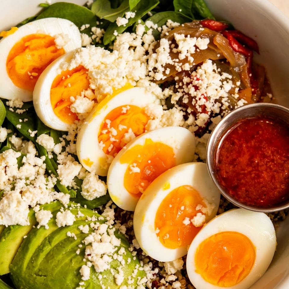 Bowl of leafy greens topped with avocado, halved soft-boiled eggs, crumbled cheese, vegetables, and red dressing.