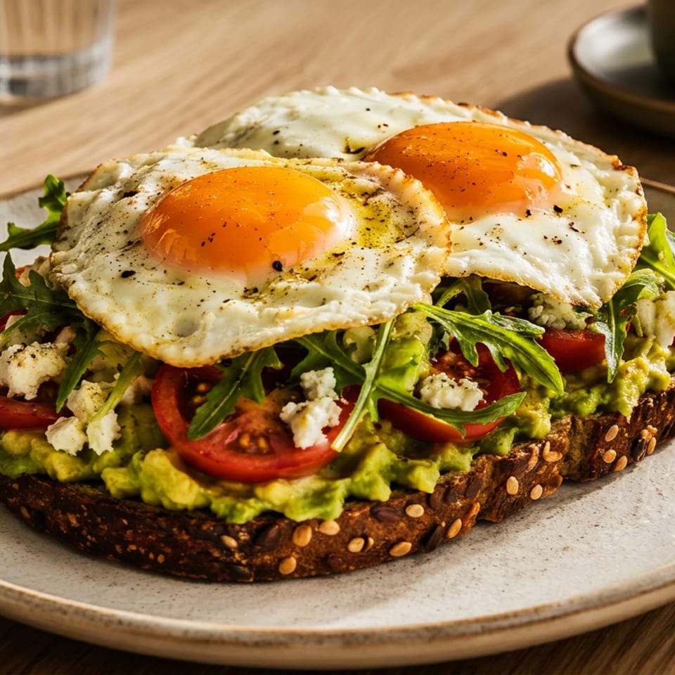 Avocado toast on seeded bread topped with cherry tomatoes, arugula, crumbled cheese, and two fried eggs on a ceramic plate.