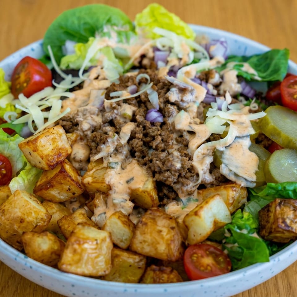 Bowl of salad topped with seasoned ground meat, roasted potatoes, lettuce, tomatoes, pickles, onions, and creamy dressing.