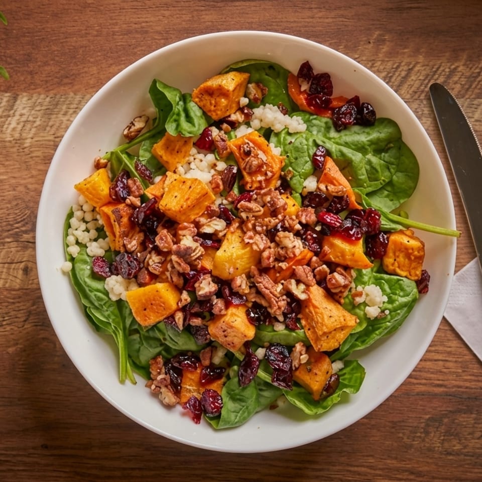 Overhead view of a spinach salad with roasted sweet potatoes, couscous, cranberries, and pecans on a wooden table.