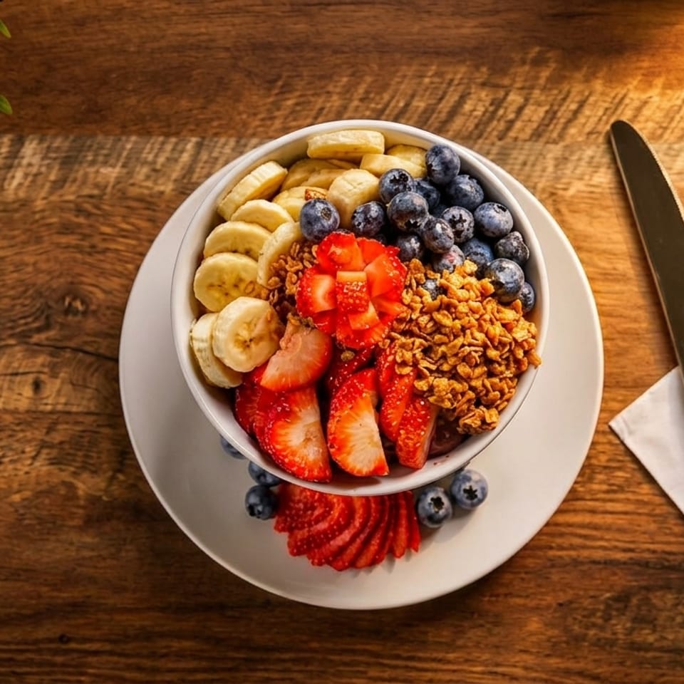 Overhead view of a fruit and granola bowl topped with bananas, blueberries, strawberries, and diced mango on a wooden table.