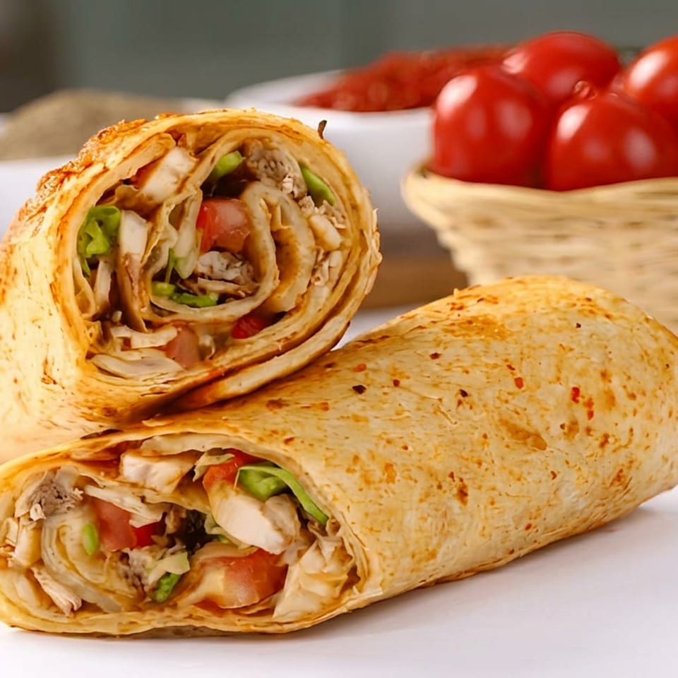 Two sliced chicken wraps with lettuce, tomatoes, and onions on a white surface, with a basket of tomatoes in the background.