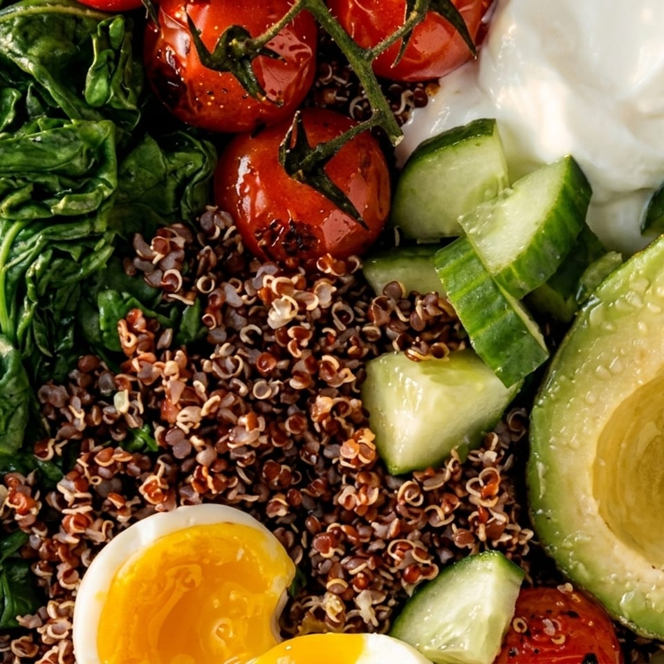 Overhead view of a quinoa bowl with spinach, roasted tomatoes, cucumber, avocado, soft-boiled egg, and creamy yogurt.