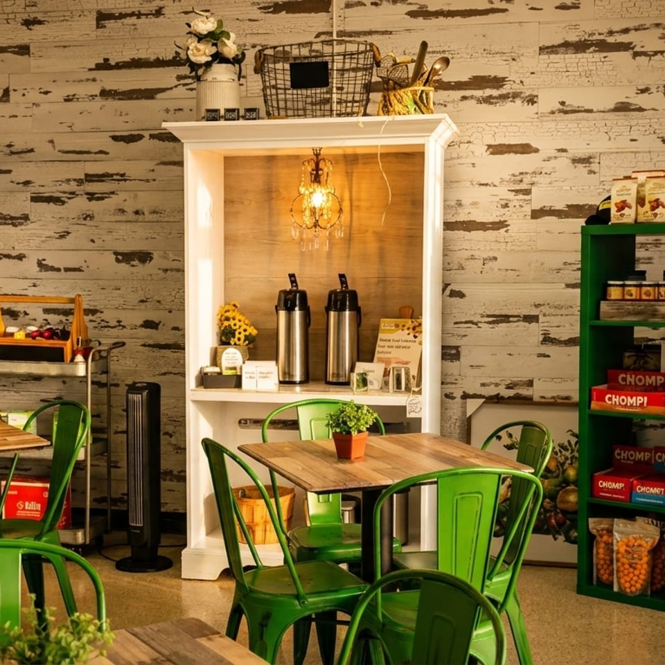 Cozy café interior with green metal chairs, wooden tables, snack shelves, beverage dispensers, and a rustic whitewashed wall.