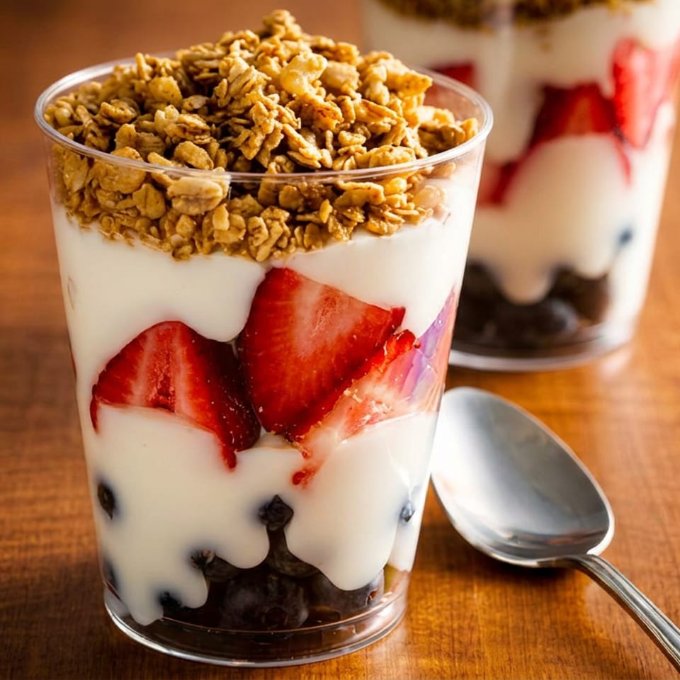 Layered yogurt parfait with strawberries, blueberries, and granola in a clear cup, accompanied by a spoon on a wooden table.
