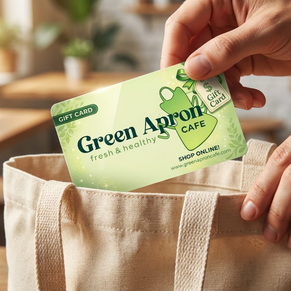 Hands place a Green Apron Cafe gift card into a reusable canvas tote bag in a warmly lit cafe.