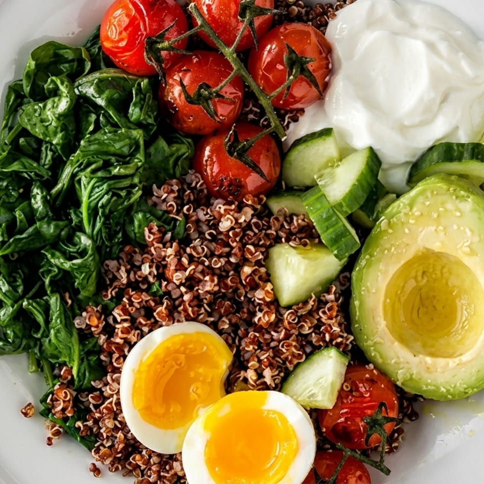 Bowl of quinoa topped with spinach, roasted tomatoes, cucumber, avocado, yogurt, and soft-boiled eggs.