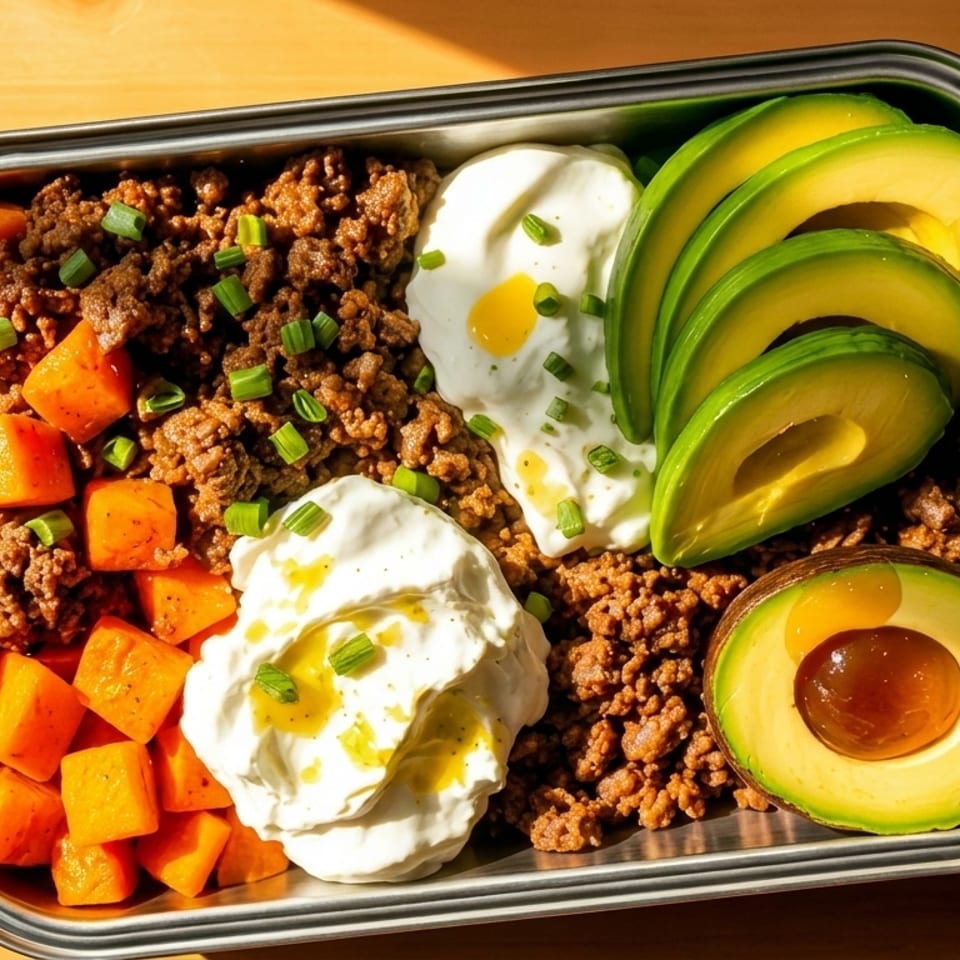 Metal tray filled with seasoned ground meat, roasted sweet potatoes, avocado slices, avocado half, and creamy sauces on a wooden table.