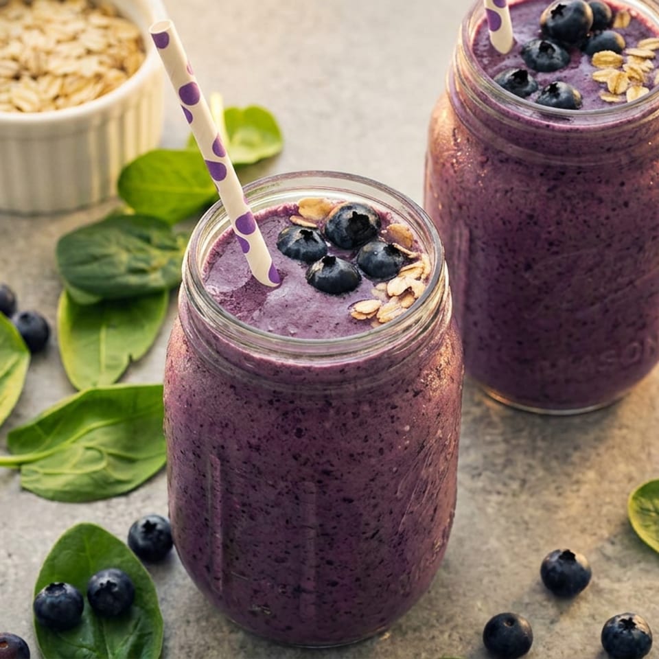 Two blueberry smoothies in glass jars with straws, topped with blueberries and oats, surrounded by spinach leaves and scattered berries.