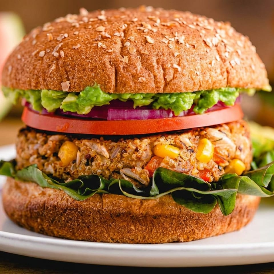 Vegetarian burger with a seeded bun, vegetable patty, lettuce, tomato, red onion, and avocado, served with pickles on a plate.